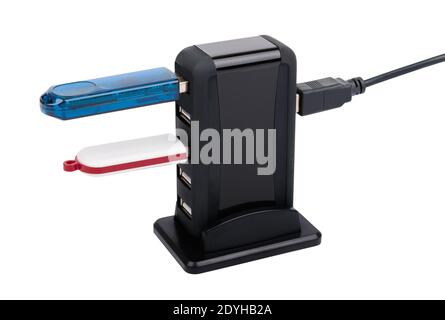 Black USB HUB with two flash drives isolated on white background, shallow depth of sharpness Stock Photo