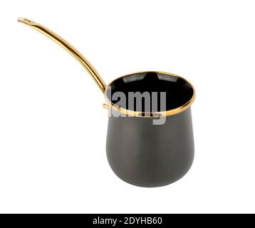 Enameled Cezve for coffee preparation isolated on white background, shallow depth of sharpness Stock Photo