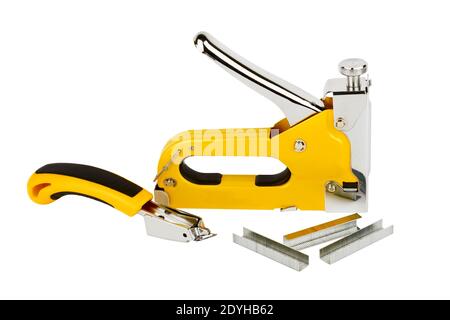 Stapler for furniture, staples, staple remover, isolated on white background Stock Photo