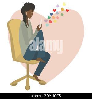 Valentine’s Day. Online dating. Young woman sitting on a chair, looking at phone screen and chatting online. Vector illustration Stock Vector