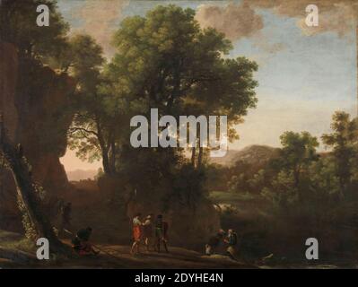 Landscape with the baptism of the eunuch, Herman van Swanevelt, 1630s, oil on canvas, 98.1 by 130.2 cm, Stock Photo