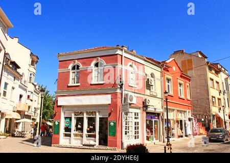 Street view of Kapana neigbourhood-trendy district in Plovdiv. The most modern part of the city, Plovdiv,Bulgaria,July 2016 Stock Photo