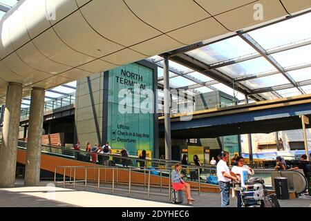 View of the Gatwick Airport North Terminal Drop Off zone,on the lower level forecourt between the Sofitel and the multi-storey car park.UK,August 2016 Stock Photo