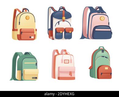 Set of school bags different size and shapes flat vector illustration on white background. Stock Vector