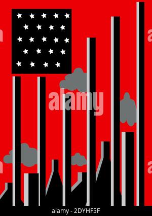 illustration of the american flag and various factories at the bottom that pollute the environment, on a red background Stock Photo