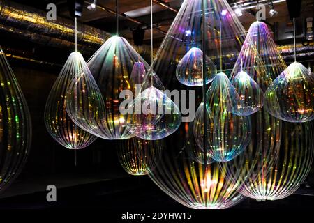 Reflecting Holons is a kinetic installation by Michiel Martens & Jetske Visser in Canary Wharf, London, UK. Winter Lights festival, 2018. Stock Photo