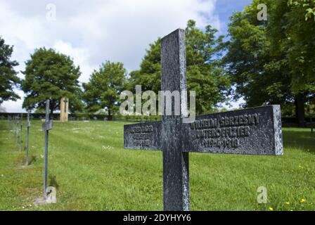 German WW1 soldier graves marked by iron crosses at Bray sur Somme Deutscher Soldatenfriedhof (German soldier cemetery) Bray sur Somme, France. Stock Photo