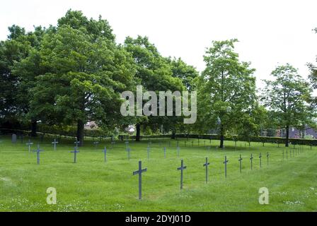 German WW1 soldier graves marked by iron crosses at Bray sur Somme Deutscher Soldatenfriedhof (German soldier cemetery) Bray sur Somme, France. Stock Photo