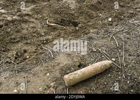 A farmer plowed up a World War 1 artillery shell during spring plowing and laid it on the side of the field for disposal, near Vaux-sur-Somme, Stock Photo