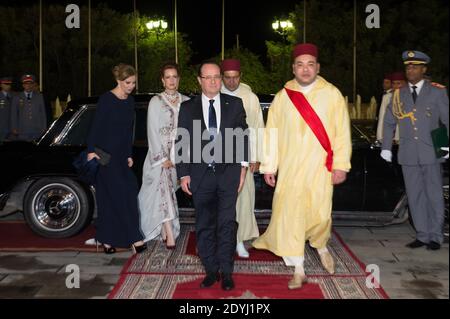 His Majesty King Mohammed VI of Morocco, Princess Lalla Salma, French Francois Hollande, Valerie Trierweiler, and members of the royal family arrive at the Officiel dinner at the Royal Palace in Casablanca, Morocco, on April 3, 2013. As part of a two-day official state visit to Morroco Kingdom. Photo by Christophe Guibbaud/ABACAPRESS.COM Stock Photo