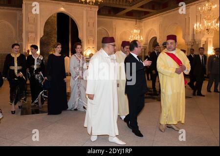 His Majesty King Mohammed VI of Morocco, Princess Lalla Salma, French Francois Hollande, Valerie Trierweiler, and members of the royal family arrive at the Officiel dinner at the Royal Palace in Casablanca, Morocco, on April 3, 2013. As part of a two-day official state visit to Morroco Kingdom. Photo by Christophe Guibbaud/ABACAPRESS.COM Stock Photo