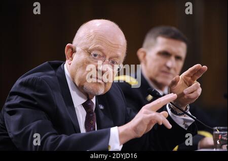 Director of National Intelligence James Clapper and Army Lt. Gen. Michael Flynn, director of the Defense Intelligence Agency testifie before the Senate Armed Services Committee April 18, 2013 in Washington, DC, USA. The committee heard testimony on worldwide threats faced by the country. Photo by Olivier Douliery/ABACAPRESS.COM Stock Photo