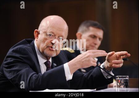 Director of National Intelligence James Clapper and Army Lt. Gen. Michael Flynn, director of the Defense Intelligence Agency testifie before the Senate Armed Services Committee April 18, 2013 in Washington, DC, USA. The committee heard testimony on worldwide threats faced by the country. Photo by Olivier Douliery/ABACAPRESS.COM Stock Photo