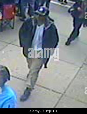 The FBI today, April 18, 2013 released photos of two suspects wanted in connection with the deadly explosion at the Boston Marathon finish line on April 15. The images feature Suspect 1 wearing a black hat, and Suspect 2 wearing a white hat. Photo by FBI via ABACAPRESS.COM Stock Photo