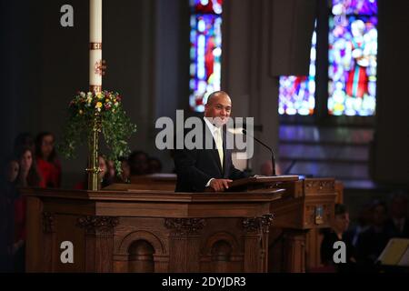 Massachusetts Gov. Deval Patrick speaks at an interfaith prayer service for victims of the Boston Marathon attack titled 'Healing Our City,' at the Cathedral of the Holy Cross in Boston, Massachusetts, USA on April 18, 2013. Authorities investigating the attack on the Boston Marathon have shifted their focus to locating the person who placed a black bag down and walked away just before the bombs went off. The twin bombings at the 116-year-old Boston race, which occurred near the marathon finish line, resulted in the deaths of three people and more than 170 others injured. Photo by Spencer Plat Stock Photo