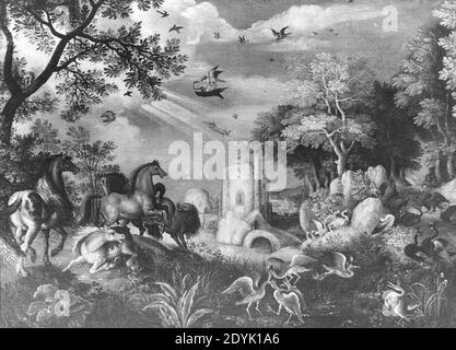 Landscape with Fighting Horses and Birds from the school of Roelant Savery Kasteel Doorwerth. Stock Photo