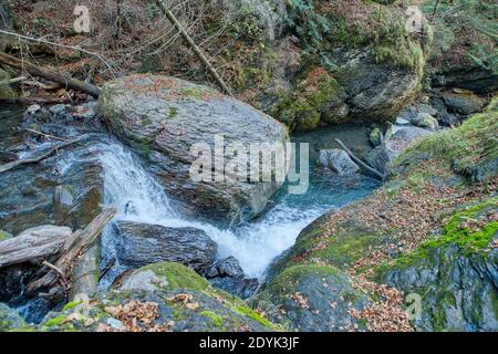 A stream and waterfall in the forest of Swiss Alps. Switzerland, Europe Stock Photo