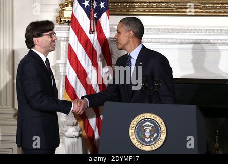 U.S. President Barack Obama shakes hands with economist Jason Furman during a personnel announcement at the State Dining Room of the White House in Washington, DC on June 10, 2013. President Obama has nominated Furman to succeed Krueger as the chairman of the Council of Economic Advisers. Photo by Alex Wong/Pool/ABACAPRESS.COM Stock Photo