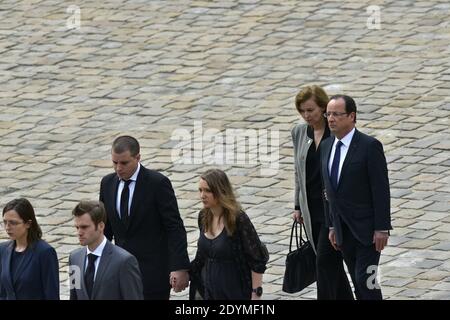 France's President Francois Hollande and his partner Valerie Trierweiler during a tribute to the late French Prime minister Pierre Mauroy at the Hotel des Invalides in Paris, France on June 11, 2013. Mauroy was premier between 1981 and 1984 under France's first Socialist president Francois Mitterrand. Photo by Mousse/ABACAPRESS.COM Stock Photo