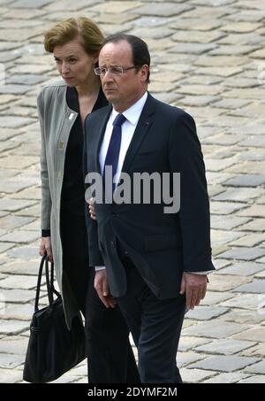 France's President Francois Hollande and his partner Valerie Trierweiler during a tribute to the late French Prime minister Pierre Mauroy at the Hotel des Invalides in Paris, France on June 11, 2013. Mauroy was premier between 1981 and 1984 under France's first Socialist president Francois Mitterrand. Photo by Mousse/ABACAPRESS.COM Stock Photo