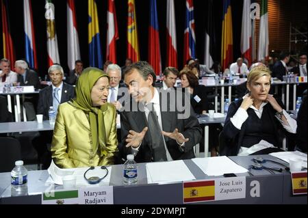 Maryam Rajavi, president of the National Council of Resistance of Iran (NCRI), speaks to former Spanish PM Jose Luis Zapatero at the annual meeting of the Iranian resistance in Villepinte, near Paris, France, on June 22, 2013. Some 500 parliamentarians from the United States, Canada, Europe, the Middle East and Arab countries joined the gathering one week after Hassan Rouhani, a moderate cleric, was declared winner of Iran's presidential election. Photo by Mousse/ABACAPRESS.COM Stock Photo