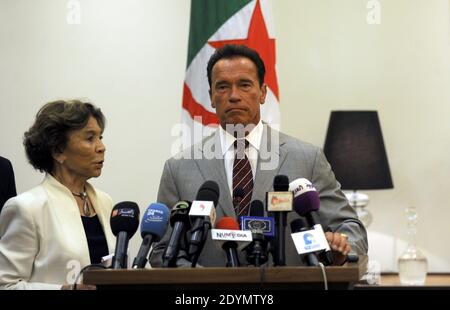 Former Governor of California and founding chair of the R20 initiative - Regions of Climate Action, Arnold Schwarzenegger speaks during a press conference with Algerian Minister of Planning and Environment, Amara Benyounes in Algiers, Algeria, on June 25, 2013. Photo by Ammie Louiza/ABACAPRESS.COM Stock Photo