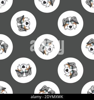 Hand drawn cute Australian Shepherd dog face breed in polka dot seamless vector pattern. Purebread pedigree puppy domestic on dotty background. Dog Stock Vector