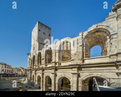 Arènes d'Arles, the Roman amphitheatre in the city of Arles, Bouches-du-Rhône department, Southern France Stock Photo