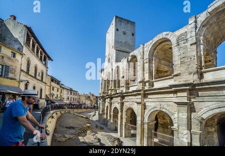 Arènes d'Arles, the Roman amphitheatre in the city of Arles, Bouches-du-Rhône department, Southern France Stock Photo