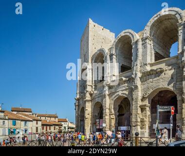 Arènes d'Arles, the Roman amphitheatre in the city of Arles, Bouches-du-Rhône department, Southern France Stock Photo