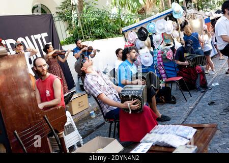 Argentina, Buenos Aires - Band playing Tango music in the San Telmo district during the Sunday Flea Market. Stock Photo