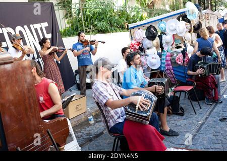 Argentina, Buenos Aires - Band playing Tango music in the San Telmo district during the Sunday Flea Market. Stock Photo