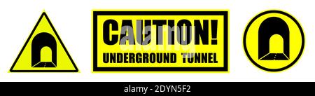 Set of yellow black danger caution signs, attention. Entrance to an underground tunnel on highway. Road safety. Vector on white background Stock Vector