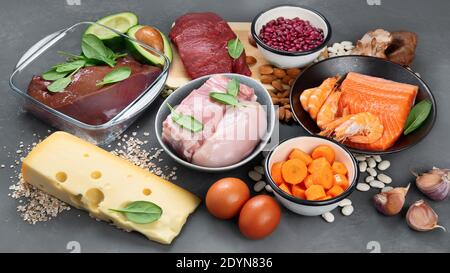 Healthy sources of zinc. Healthy eating and diet concept. Natural products containing zinc, dietary fiber and vitamins. Stock Photo