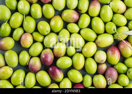 Freshly picked raw green olives. Food background Stock Photo
