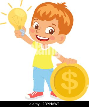 boy holding electric lamp and money Stock Vector