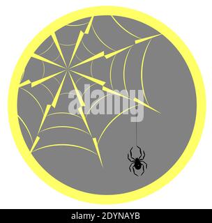 Spider hanging on spider web and sun, silhouette icon eps10 vector illustration. Stock Vector