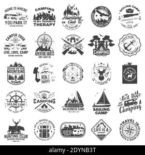 Set of sailing club, hunting club and camping badges, patches. Vector illustration. Concept for shirt or logo, print, stamp or tee. Design with sailing boat, motor home, camping trailer silhouette. Stock Vector