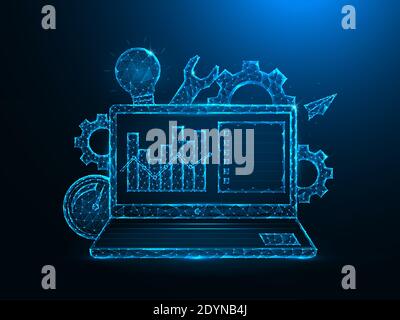 SEO optimization low poly art. Laptop, gears, light bulb, speedometer, repair and analytics polygonal vector illustration on a blue background. Stock Vector