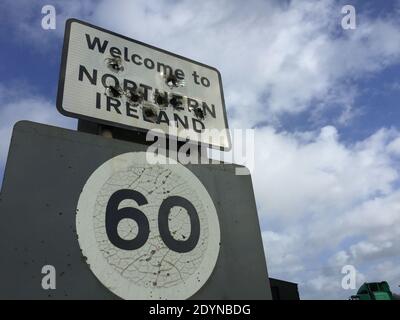 File photo dated 12/03/19 of a bullet riddled welcome to Northern Ireland sign on the border between Derrylin, Co Fermanagh and Ballyconnell, Co Cavan. Irish authorities rejected UK claims they were being 'too pernickety' about British Army incursions over the border during the Troubles. Stock Photo