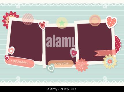 Valentine vintage background with retro photos, sticker and labels. Mock up template. Copy space for text. Can be used for holiday or wedding scrapboo Stock Vector