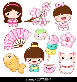 Set of cute icons in kawaii style. Japanese traditional toy kokeshi doll in kimono, maneki neko cat, Sakura Mochi, Taiyaki, fan, cap with matcha tea. Stock Vector