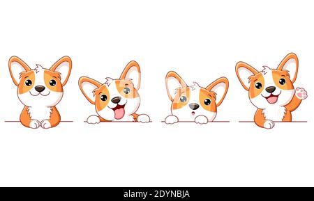 Set of cute corgi dog. Set of borders with kawaii welsh corgi puppy. Collection of dogs with different emotion - funny, happy, surprised, sticking out Stock Vector