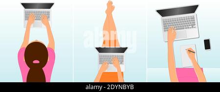 Vector set of Top view of Women lying on floor while working on laptop and taking notes. Women working and connecting online together on laptop comput Stock Vector