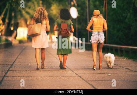 Belgrade, Serbia, August 24. 2020:Three young girls and a small dog taking a relaxing walk on a nice summer day Stock Photo