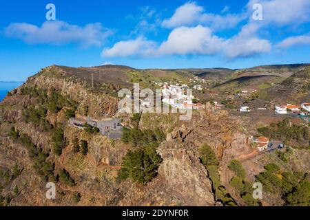Viewpoint Mirador Ermita del Santo and village Arure, Valle Gran Rey, drone image, La Gomera, Canary Islands, Spain Stock Photo
