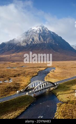 Buachaille Etive Mor aerial during autumn view of A82 road and bridge Stock Photo