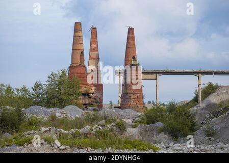 Lime kilns on the ruins of a abandoned marble and lime factory on a August afternoon. Ruskeala, Karelia Stock Photo