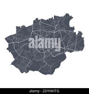 Bochum map. Detailed vector map of Bochum city administrative area. Cityscape poster metropolitan aria view. Dark land with white streets, roads and a Stock Vector