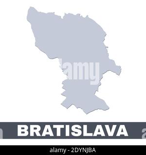 Bratislava outline map. Vector map of Bratislava city area within its borders. Grey with shadow on white background. Isolated illustration. Stock Vector